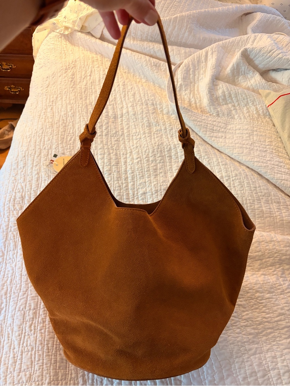 TJ Maxx Suede Lotus Tote in Cognac Brown - Picture 2 of 12